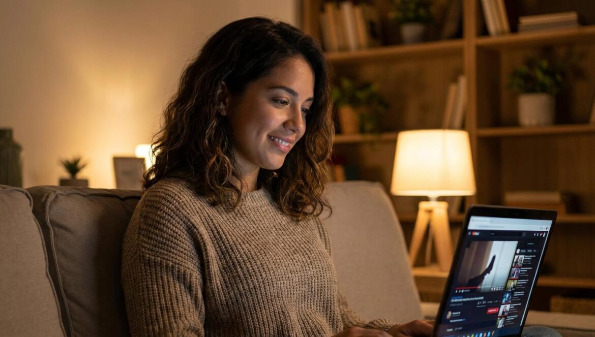 ‘Los adioses’ en Netflix: ni biopic dulce ni panfleto, sino una herida abierta Mujer joven latina en un sofá, viendo una película en su portátil en un salón tenue.