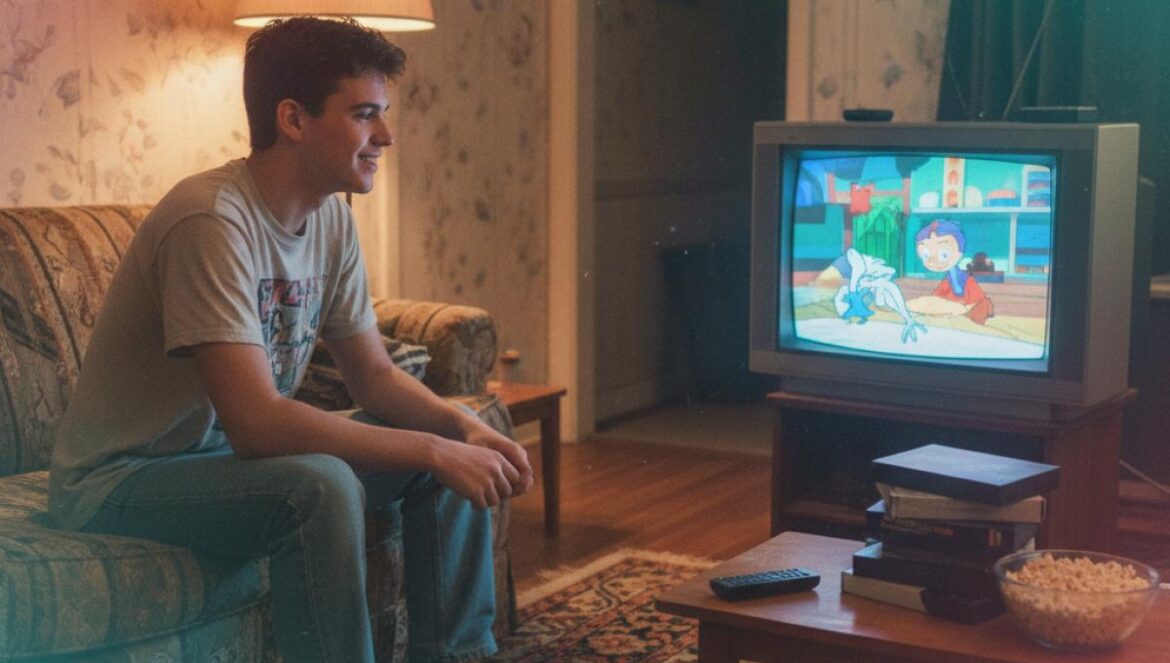 Los rescatadores en Cangurolandia es la pieza perdida de tu Disney noventero Joven sentado en un salón noventero viendo una película de animación en una tele antigua con cintas VHS al lado.