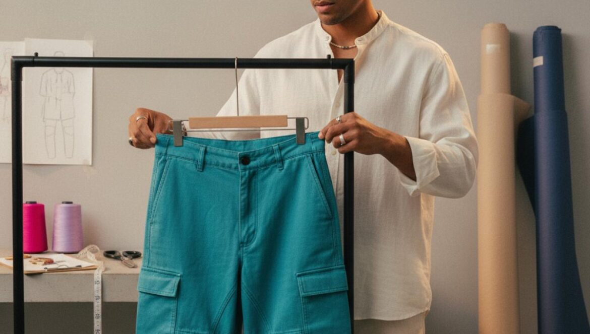 LOST SHDWS: el workwear que visten Offset y Kai Cenat y cómo convierte la ropa en ritual de resiliencia Diseñador joven ajusta un pantalón cargo hecho a mano en un estudio con telas y herramientas.