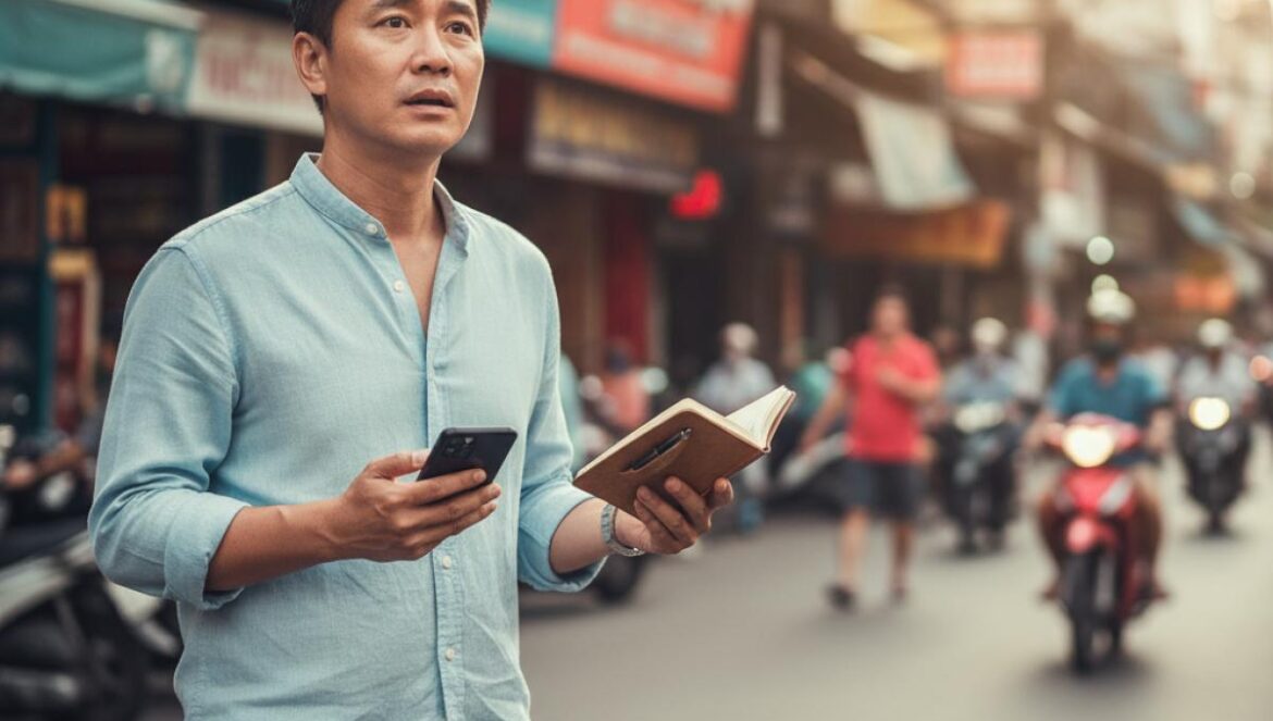 Love Barista revienta el cliché: el manager roba plano y humaniza la fama de Lee Kwang Soo en Vietnam Un hombre asiático busca con el móvil en una calle concurrida de motos y tiendas, de día.