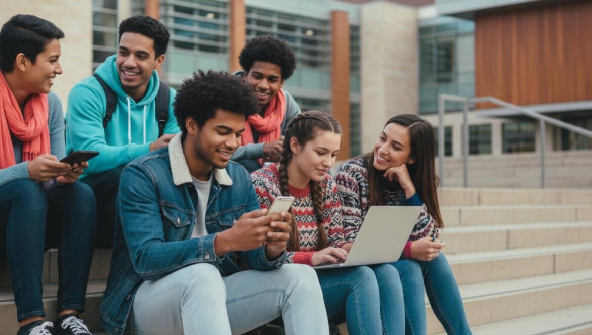 LOVE.exe llega con chispa universitaria: influencers, ingeniería y un reparto que reescribe el romance campus Grupo de estudiantes en escaleras del campus; un chico mira su móvil y una chica usa portátil, fondo de facultad moderna.