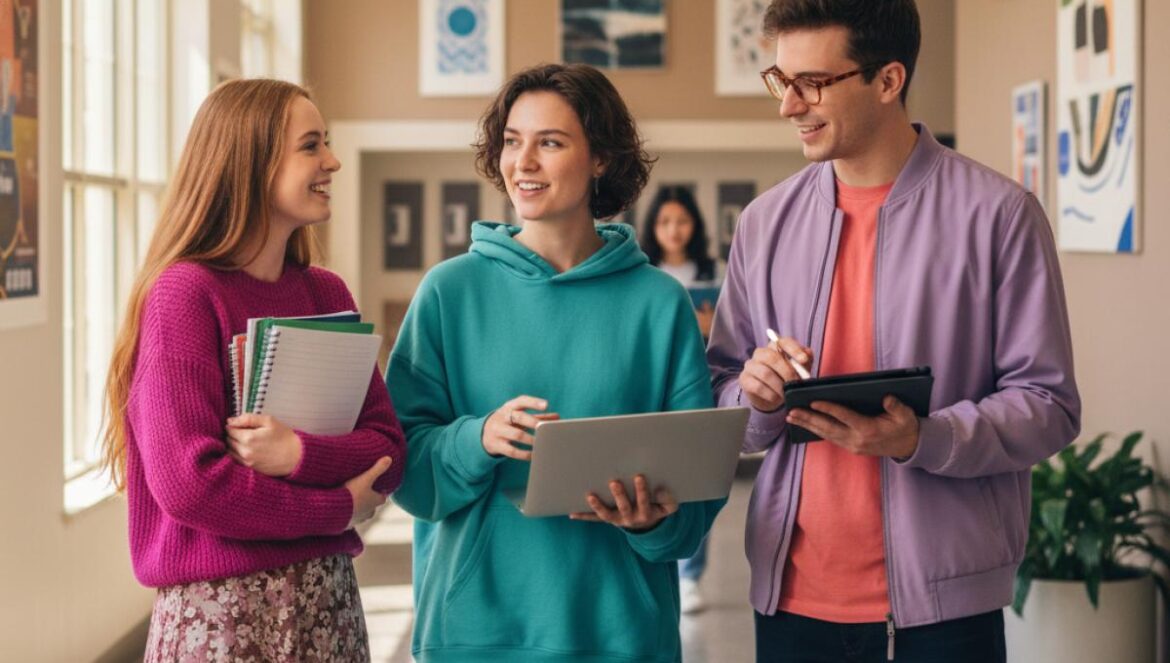 LOVE.exe sorprende: comedia universitaria con Ingeniería al mando y representación queer sin pedir permiso Tres estudiantes de ingeniería en un pasillo universitario, alineados con portátiles y apuntes.