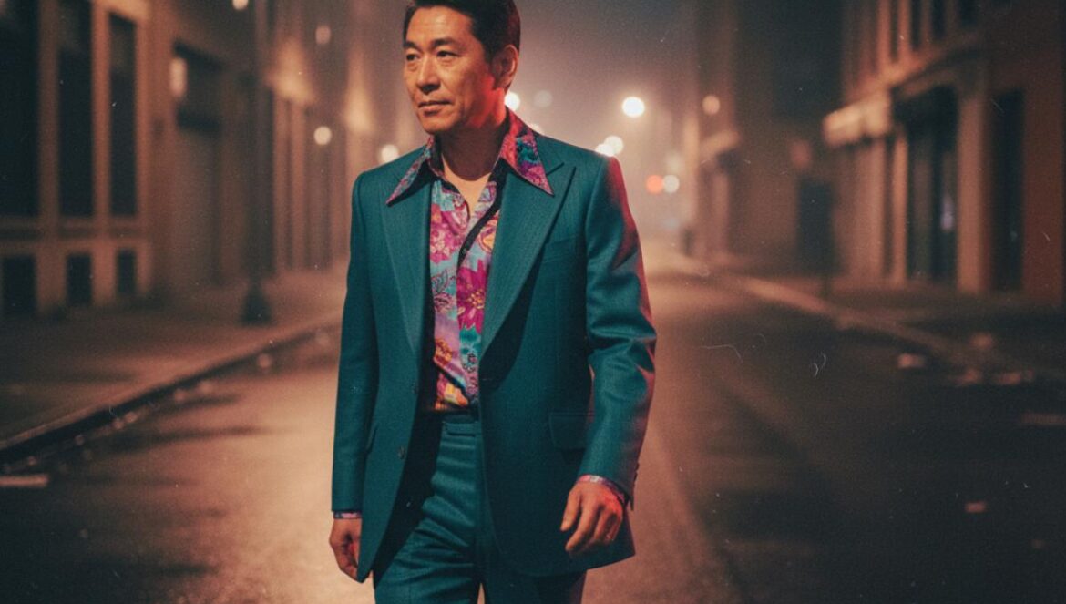 Made in Korea revela la cara más oscura del sueño coreano Hombre asiático con traje setentero camina solo por una calle oscura iluminada por luces rojas.