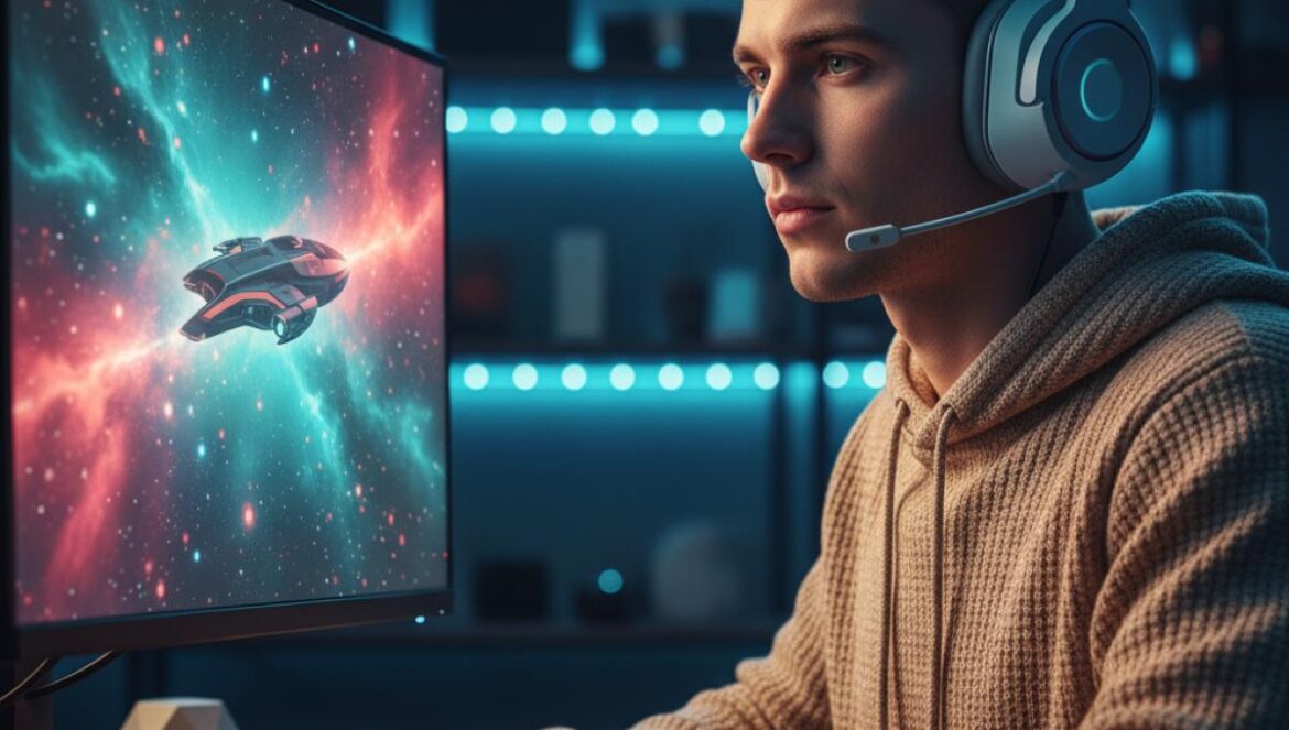 Mass Effect Day: la Normandy regresa a No Man’s Sky y cambia el meta de las expediciones Jugador con auriculares mira en su monitor una nave espacial futurista sobre un cielo estrellado, con luz tenue.