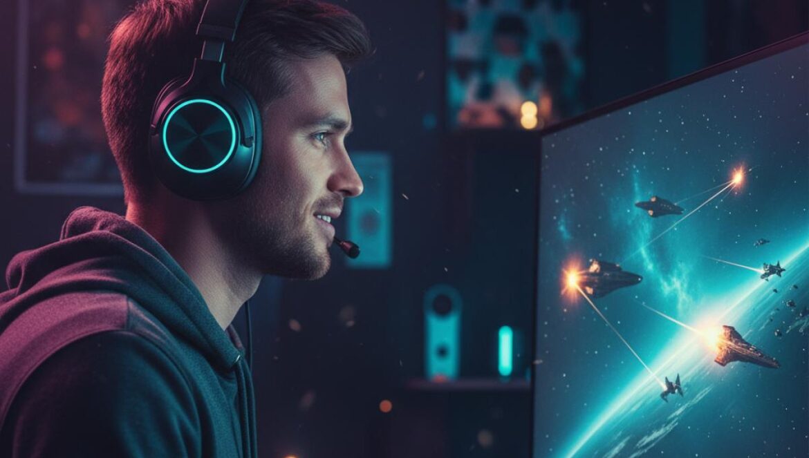 Mass Effect en Prime Video: BioWare sitúa la serie tras la trilogía y apuesta por una galaxia sin Shepard Jugador con auriculares mira un tráiler de ciencia ficción en un monitor, habitación con luz azul tenue.