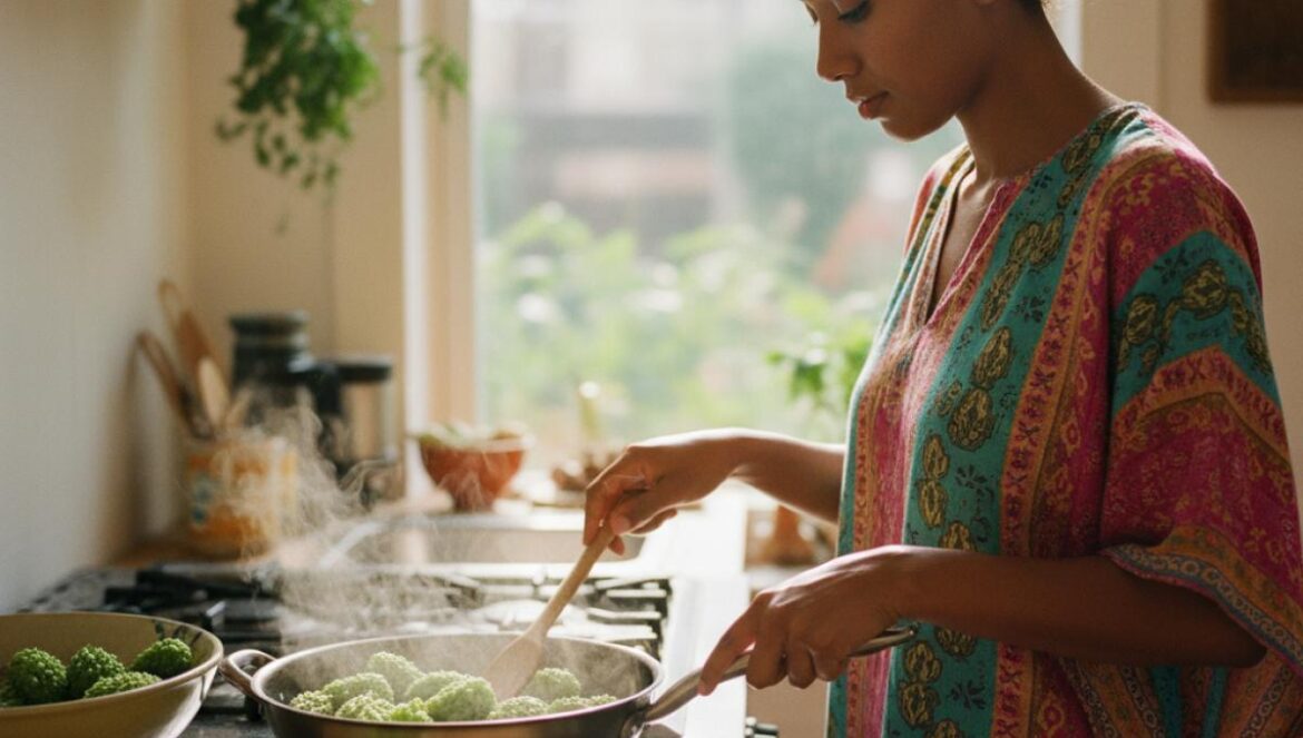 Maxixe vs tus verduras de siempre: el olvidado que deberías probar ya Joven cocinando en casa una sartén con maxixes verdes y espinosos sobre el fuego.