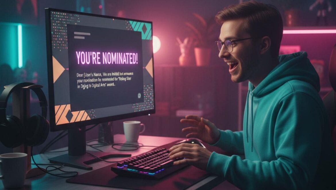 Megabonk y The Game Awards: cuando rechazar un premio es el movimiento más indie Desarrollador indie sentado frente al PC en una habitación con luces de neón, leyendo en la pantalla un mensaje sobre una nominación a premios.