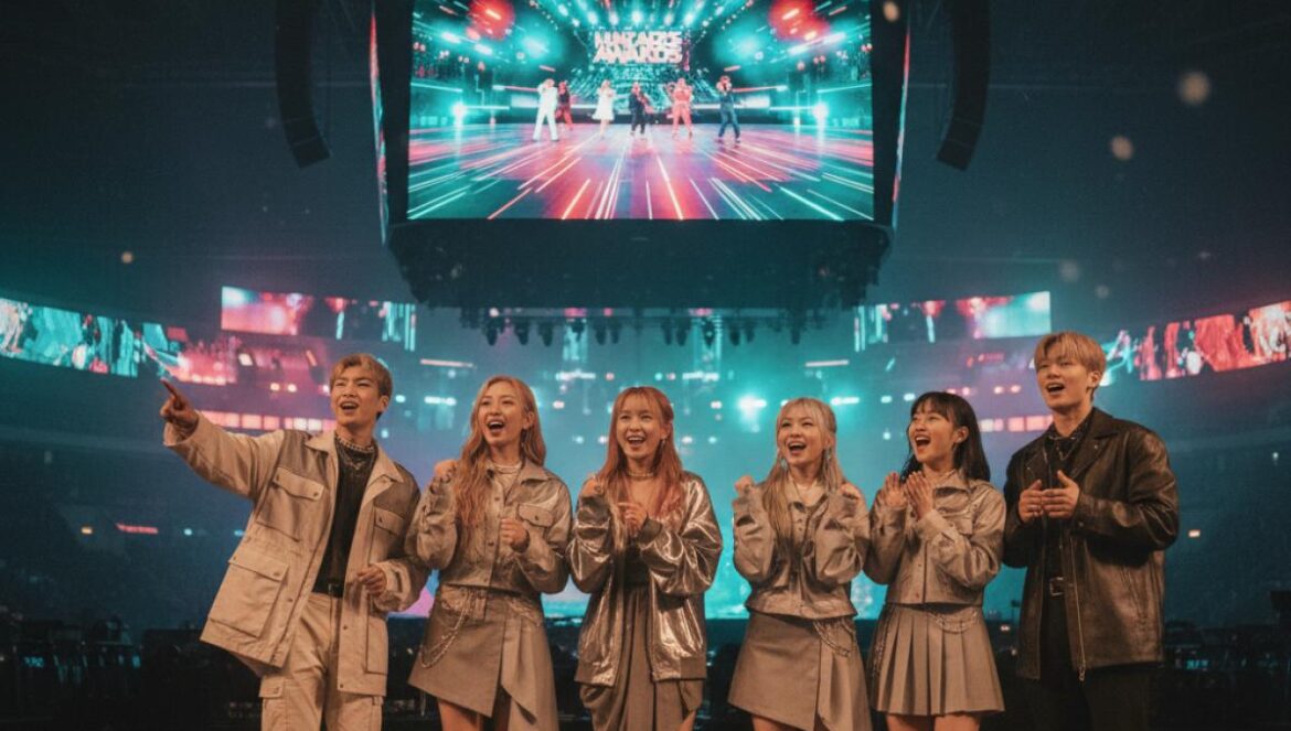 MMA2025: el lineup que adelanta quién mandará en el K-pop en 2026 Grupo de jóvenes fans de K-pop observando un gran escenario de premiación iluminado en un recinto cubierto.