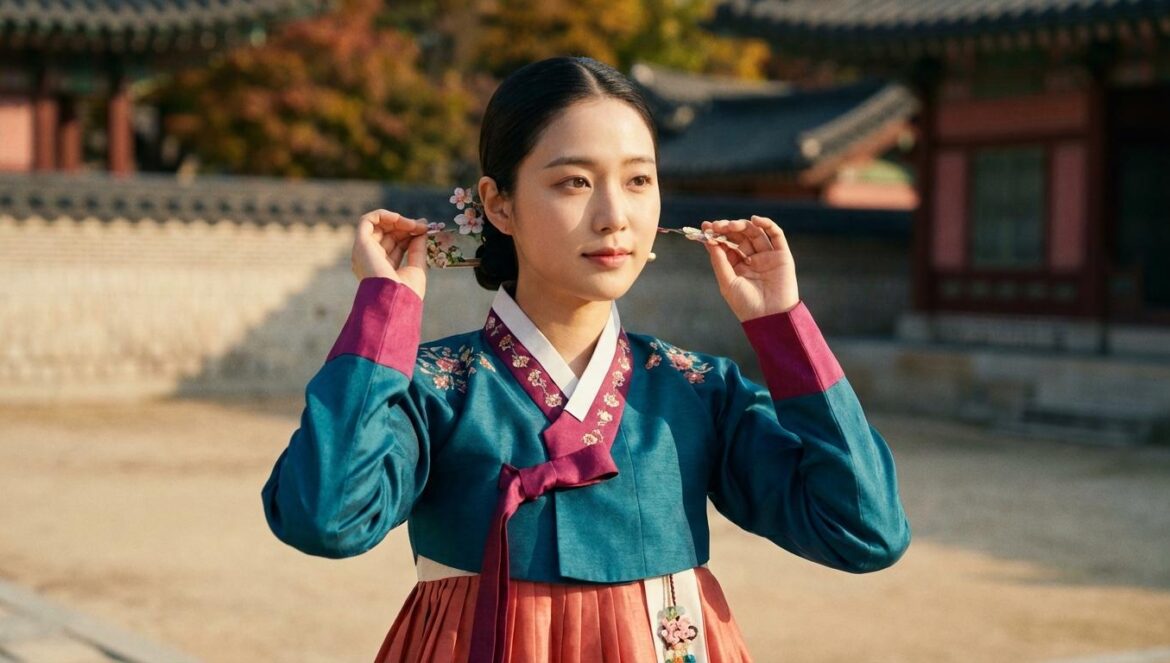 Joven coreana con hanbok de concubina en un patio de palacio histórico, mirando al frente.