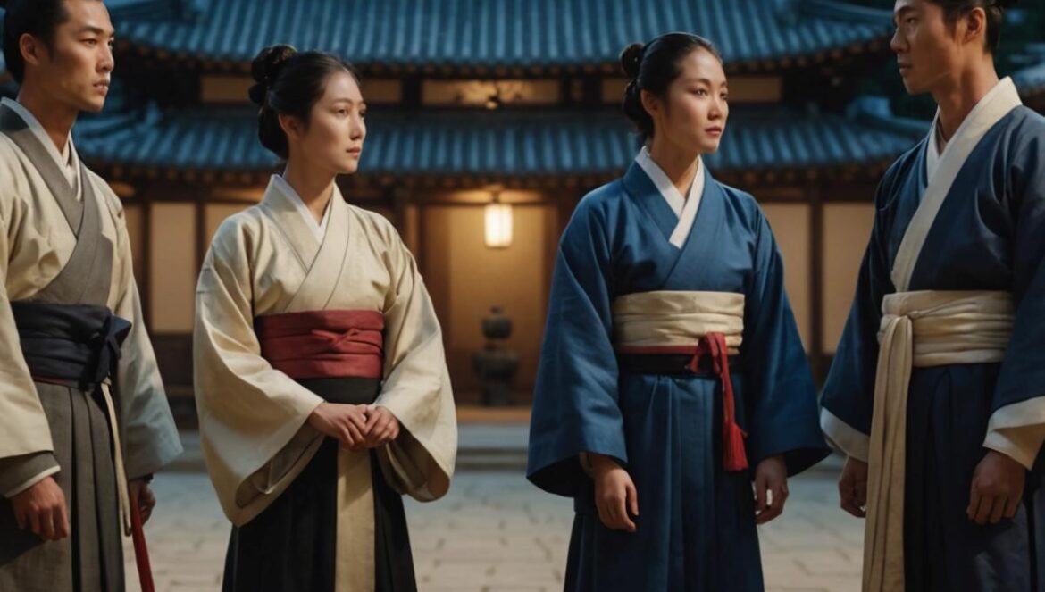 Tres jóvenes con hanbok se miran tensos en un patio palaciego nocturno iluminado por la luna.