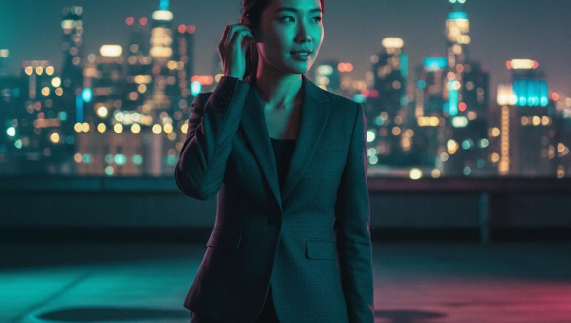Ms. Incognito: lo que nadie te contó del final – identidad, poder y un ‘regreso’ decisivo Guardaespaldas asiática con traje oscuro y auricular en una azotea nocturna, luces de ciudad al fondo.
