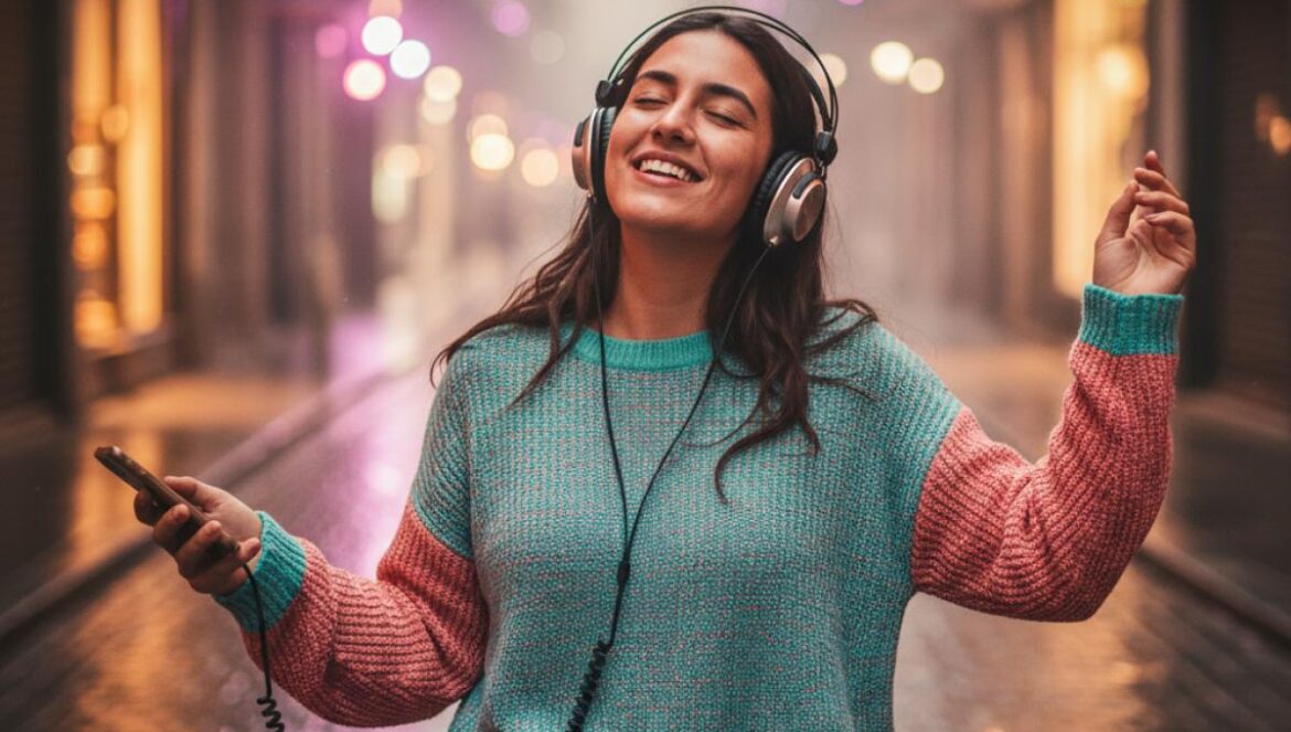 Nathy Peluso ‘A Caballo’ y la semana que une salsa, techno y confesiones: así suena el pop adulto de 2025 Joven bailando con auriculares en una calle urbana al atardecer, escaparates iluminados detrás.