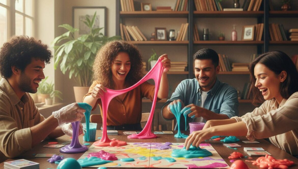 National Toy Hall of Fame 2025: Battleship, Trivial Pursuit y slime entran y reescriben la nostalgia Grupo de jóvenes juega a un tablero en un café con slime de colores sobre la mesa.