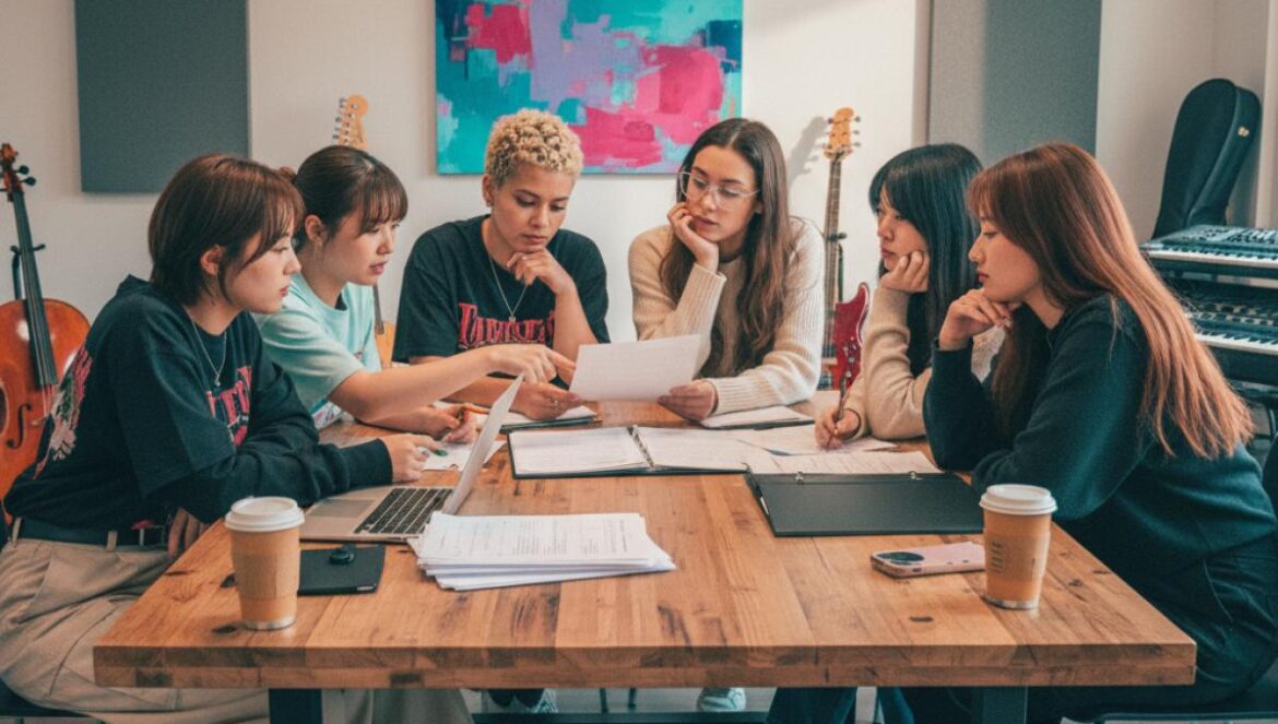 NewJeans pierde contra ADOR: la batalla por el control en el pop global (y lo que revelan Billboard y Drake) Cinco jóvenes artistas revisan papeles de contrato en una sala de ensayo, serias y concentradas.