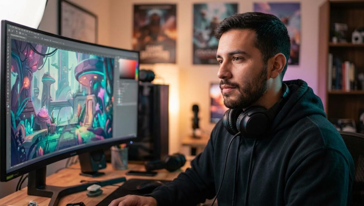 Nintendo compra su pasado de Metroid Prime 4… para blindar su futuro Joven desarrollador mirando concentrado un monitor con arte conceptual de un mundo de ciencia ficción.