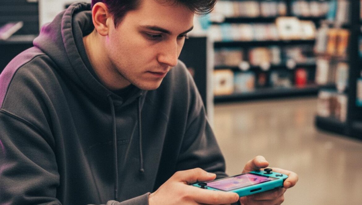 Nintendo Switch 2 revienta el mercado: 10 millones en 4 meses y la estrategia de diseño detrás del boom Joven probando una consola portátil en un expositor de tienda, con estanterías desenfocadas al fondo.