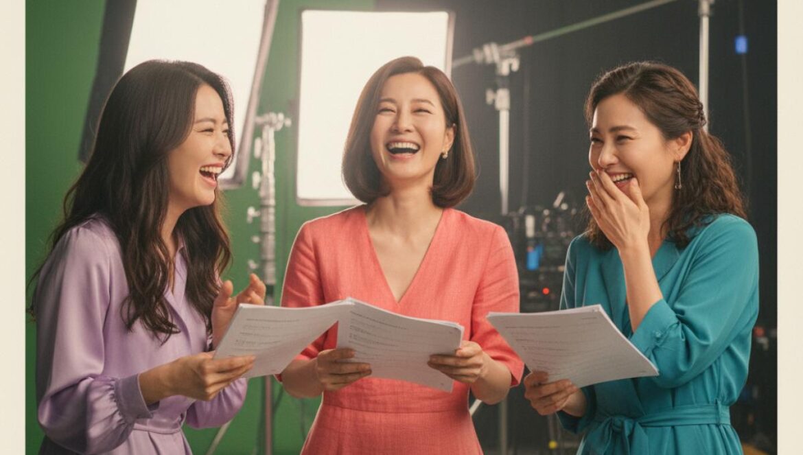 No Next Life: Kim Hee Sun, Han Hye Jin y Jin Seo Yeon encienden el set — la comedia de los 40 que sí necesitamos Tres mujeres de unos 40 años, con guiones en mano, ríen en un set de rodaje con luces y cámara.
