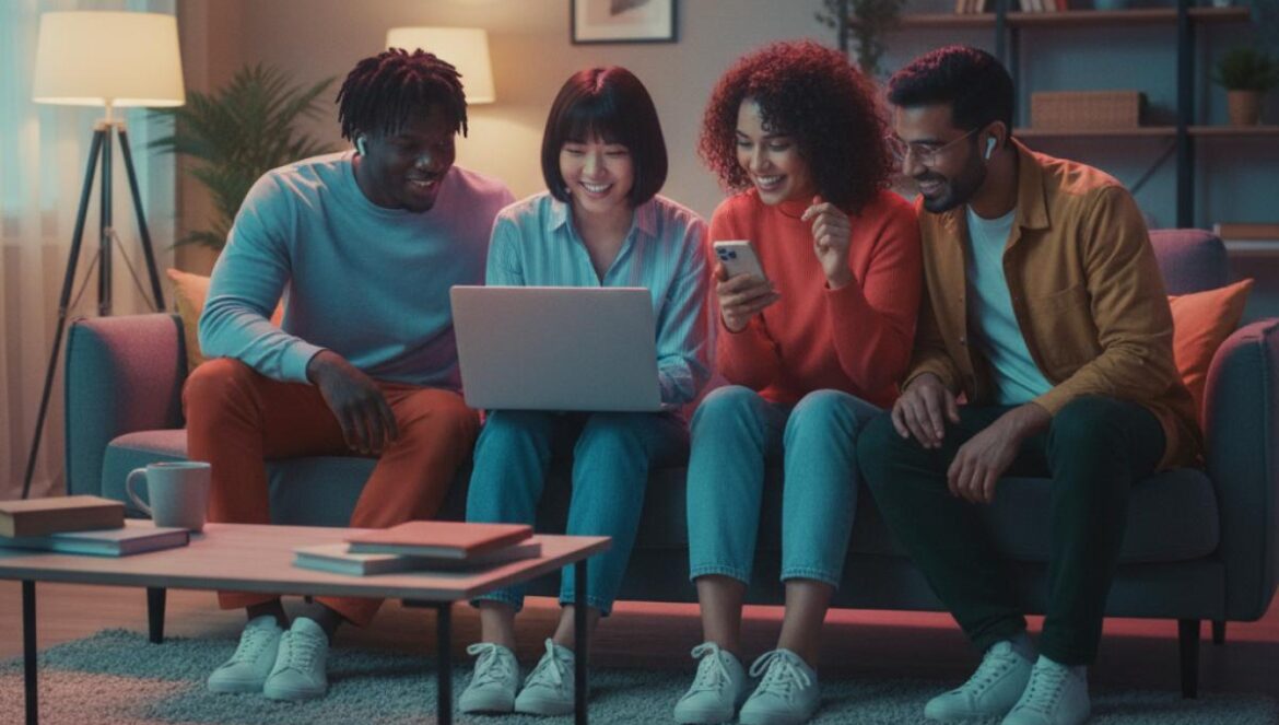 Nuevas canciones, viejas emociones: cómo Charli xcx y compañía están dibujando el pop de 2025 Grupo de jóvenes en un salón moderno escuchando música juntos desde un portátil.