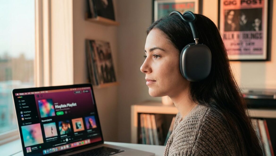 Oneohtrix Point Never y las canciones nuevas que explican 2025 Joven con auriculares mirando una playlist de música en su portátil, con pósters desenfocados detrás.