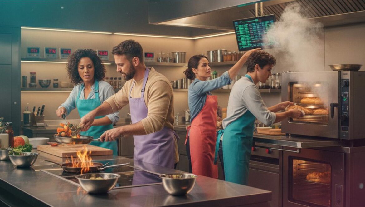Overcooked llega a Netflix con A24: así debería traducir su caos cooperativo a un reality que rompa moldes Concursantes en una cocina televisiva coordinando platos con un temporizador visible y humo controlado al fondo.