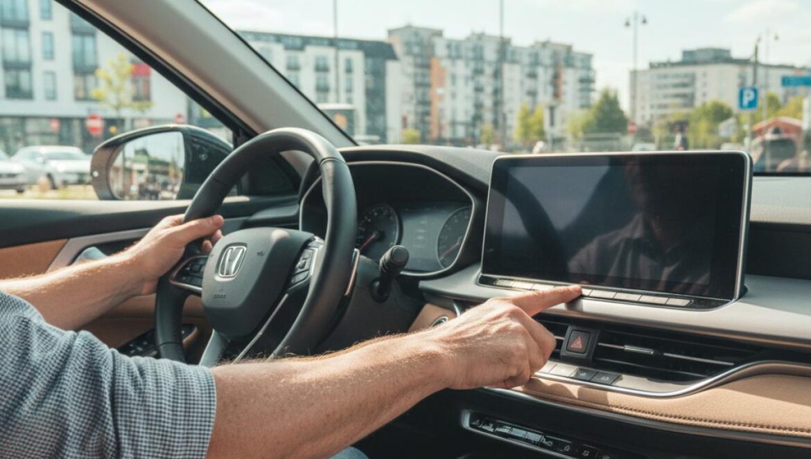 Pantallas táctiles en coches vs botones: por qué Europa cambia en 2026 Conductor ajusta botones físicos en el salpicadero de un coche moderno con gran pantalla táctil encendida.