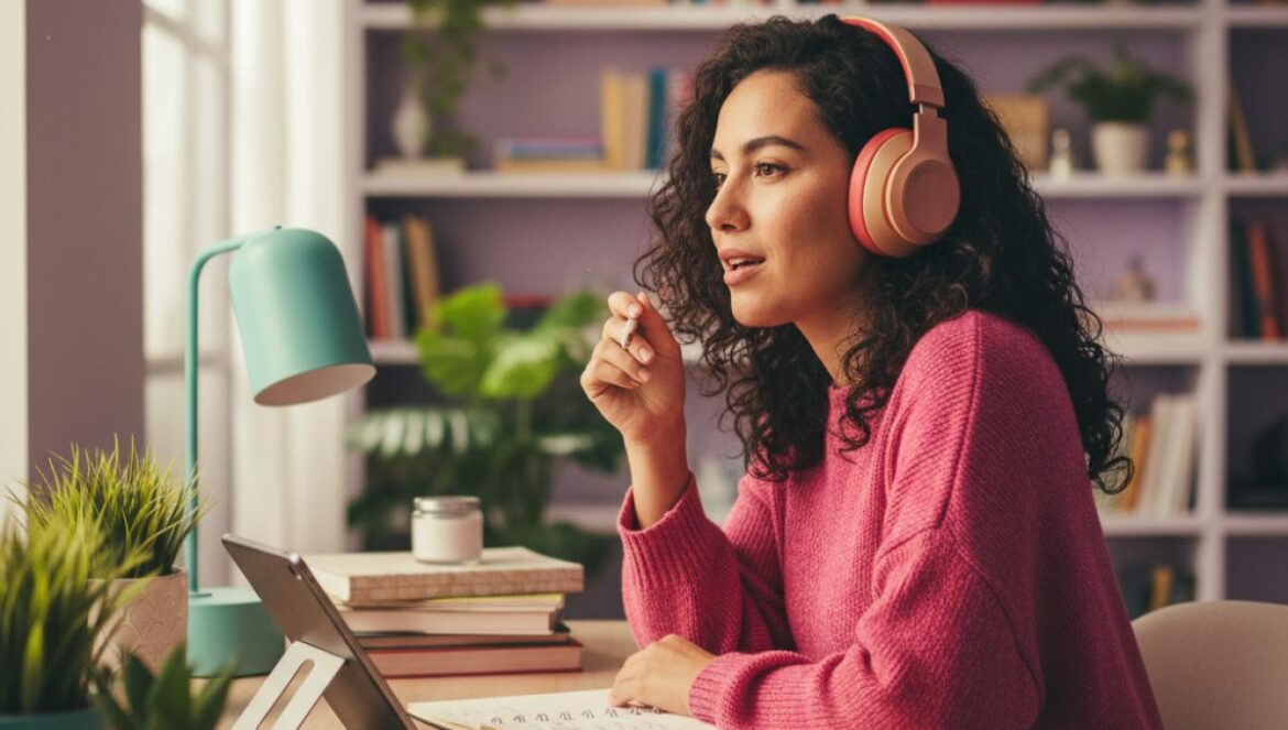 Personas con altas habilidades: 4 manías que delatan su inteligencia y cómo convertirlas en superpoderes diarios Mujer joven, con auriculares, trabajando sola en un escritorio iluminado, hablando en voz baja y tomando notas entre libros y plantas.