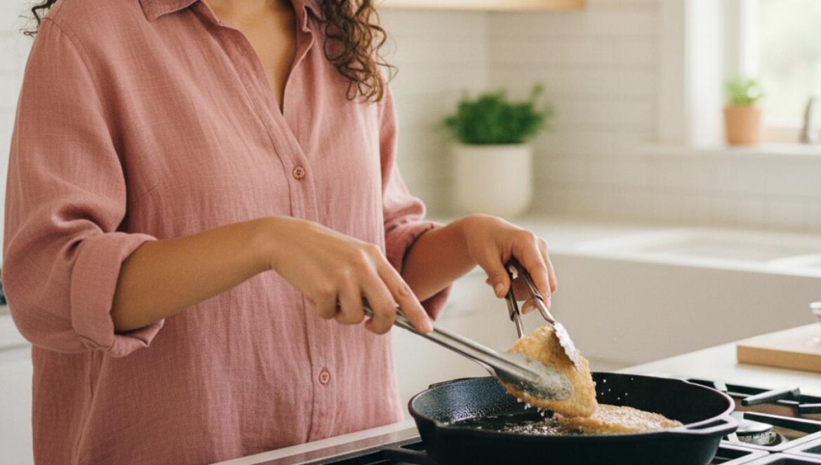 Pescado frito crujiente sin huevo ni pan rallado: el truco con sémola que parece magia Mujer friendo filetes de pescado empanados con sémola en una sartén con aceite en una cocina luminosa.