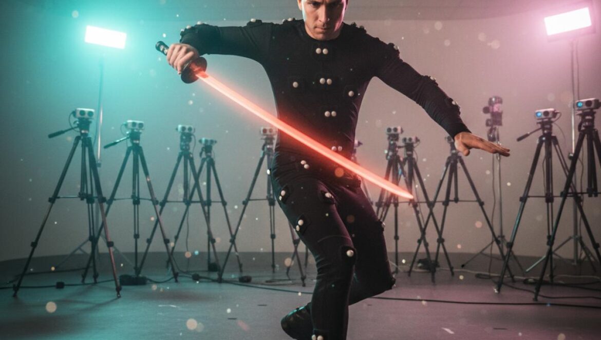 Phantom Blade: Zero y la escuela de Jackie Chan: cómo la captura real convierte su combate en puro cine jugable Especialista con traje de captura de movimiento ejecuta un corte con espada en un estudio con cámaras.