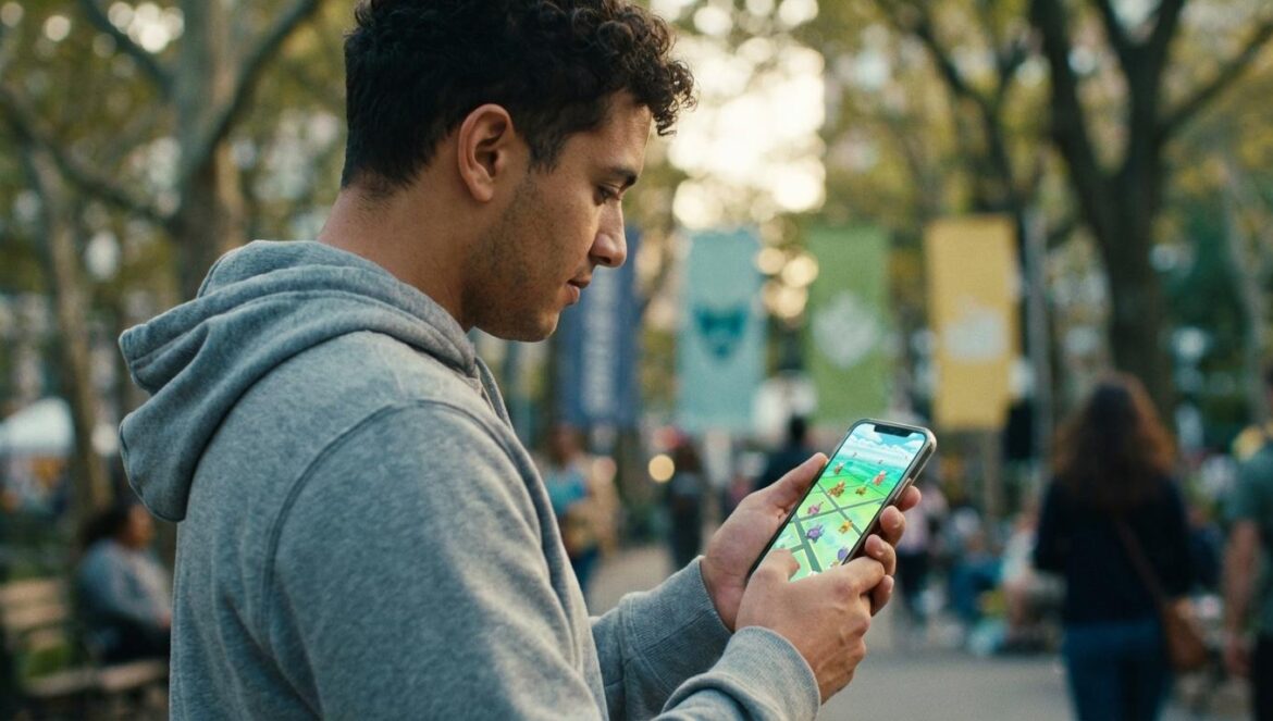 Pokémon GO Tour Kalos: el evento móvil que parece un nuevo juego principal Joven jugando en el móvil a un juego de captura de criaturas en un parque urbano, con el mapa del evento en la pantalla.