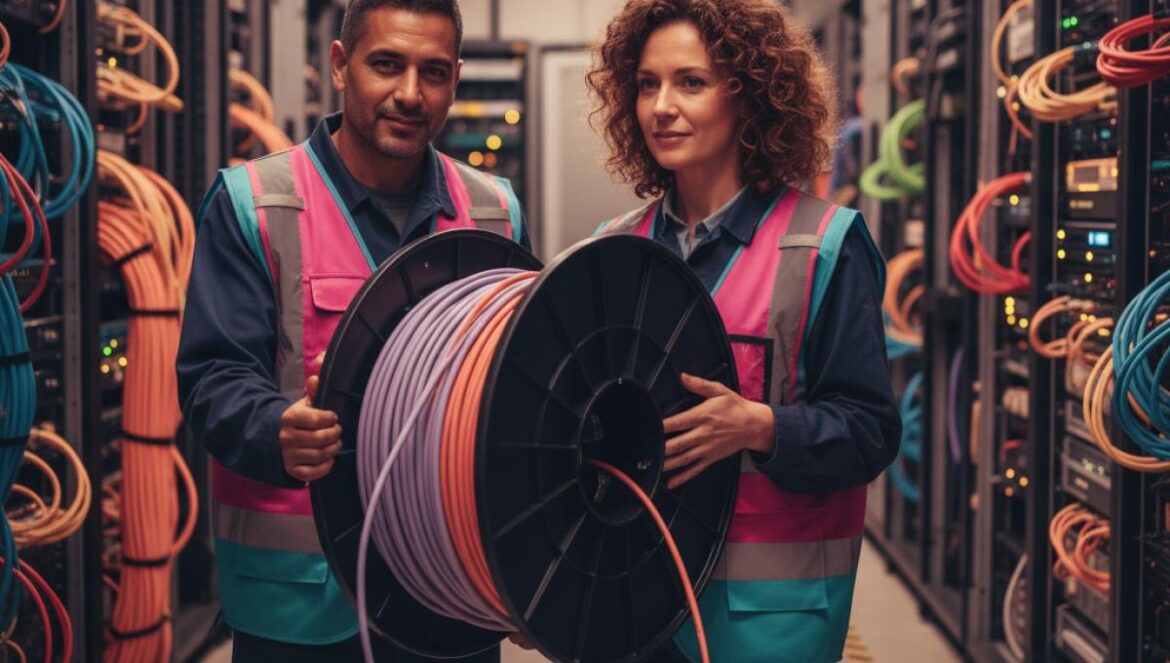 Dos ingenieros revisan cables de fibra óptica en una estación costera, con racks al fondo.