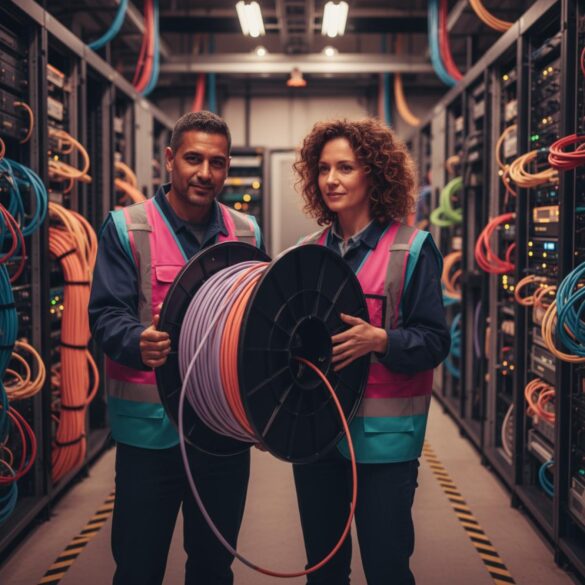 Portugal apuesta por cables submarinos: Sines quiere cambiar turistas por datos y exportar latencia a EE.UU. Dos ingenieros revisan cables de fibra óptica en una estación costera, con racks al fondo.