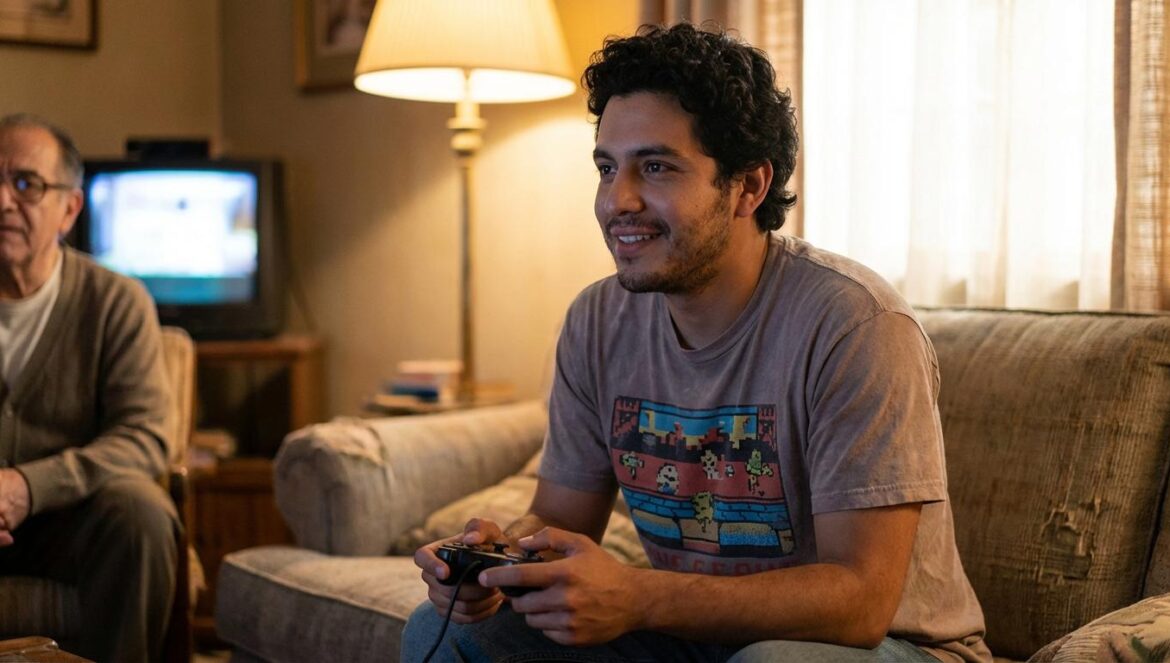 PS2 en el salón: cómo jugar con tu padre cambia más que tu nostalgia Joven jugando con mando de consola en el sofá junto a su padre, con la televisión al fondo.