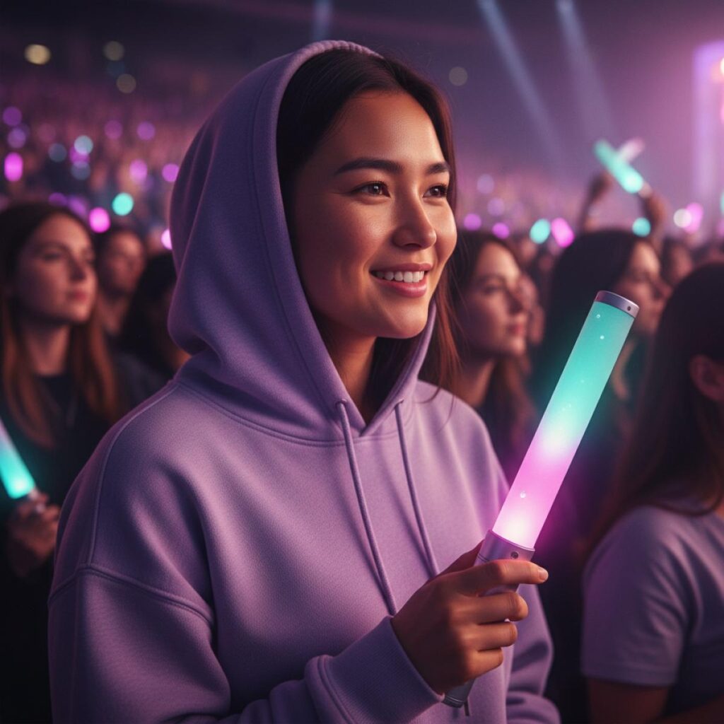 FAQ K-POP: guía definitiva para entender el fenómeno global 2 Joven fan en un concierto de K‑pop sosteniendo una lightstick morada entre luces violetas.
