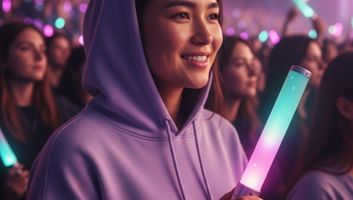 Purple Kiss se despide: el fin del grupo y el inicio del fenómeno de culto K‑pop Joven fan en un concierto de K‑pop sosteniendo una lightstick morada entre luces violetas.
