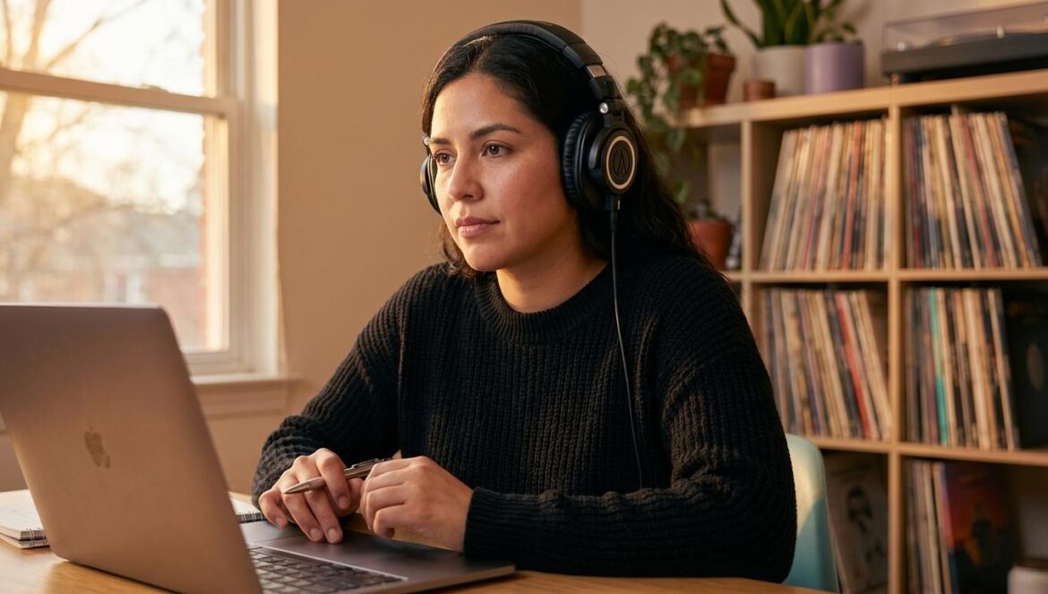 Rap noviembre 2025: las canciones que pasan del algoritmo y van directo al hueso Periodista cultural latina con auriculares de estudio tomando notas frente al portátil y discos al fondo.