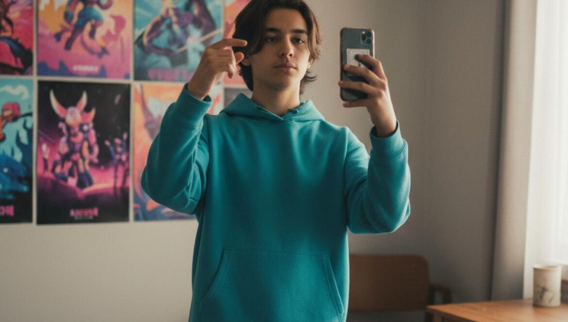 Roblox y la selfie que decide con quién puedes jugar en internet Adolescente frente al móvil haciendo una selfie de verificación, con pósteres de videojuegos en la pared.
