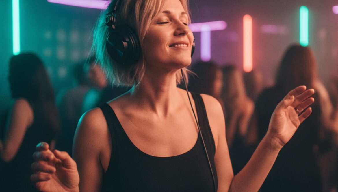 Robyn regresa con Dopamine: euforia adulta que rompe el algoritmo del pop y vuelve a encender la pista Mujer de unos 40 años baila con auriculares bajo luces de neón, en una pista interior.