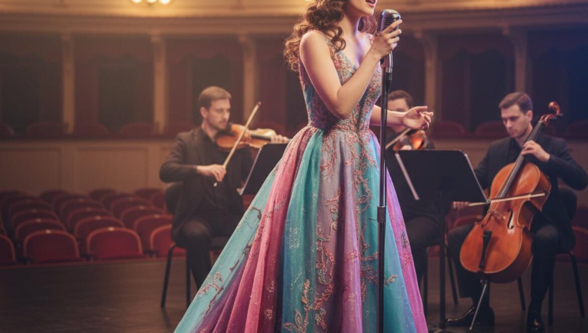 Rosalía Lux: el pop convertido en rito y 5 escenas que explican su ópera multilingüe en 13 idiomas Cantante joven sobre un escenario íntimo, con micrófono y cuarteto de cuerda detrás, luz cálida.