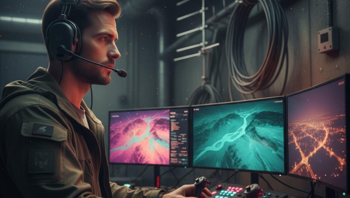 Rubikon revienta la guerra de drones en Ucrania: la caza del piloto y el frente invisible del espectro Operador de drones con casco y auriculares monitorea varias pantallas en un búnker, con antenas y cables al fondo.