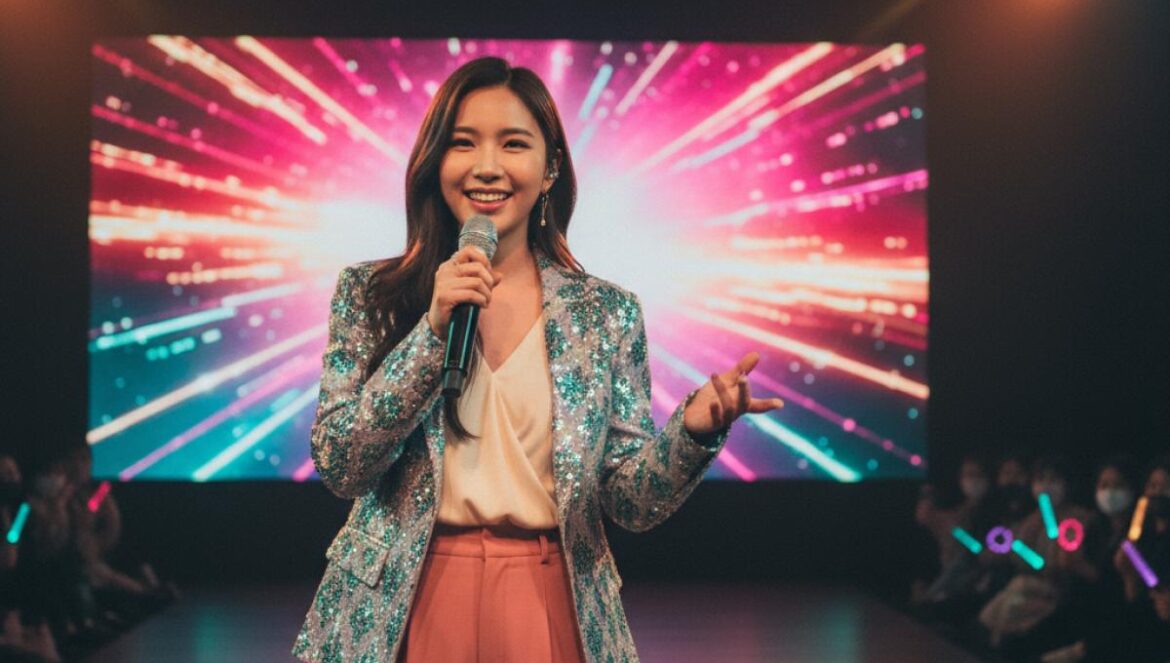 Soojin cancela su fan meeting en Shanghái: el aviso real sobre la nueva logística del K‑pop Cantante asiática joven saluda con micrófono en un pequeño escenario con luces suaves.
