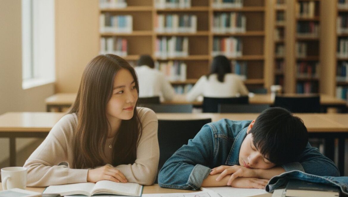 Spirit Fingers: el ‘no me extrañes’ que reescribe el friends-to-lovers y activa el reloj del servicio militar Jóvenes en una biblioteca; ella observa al chico dormido en el pupitre con cuadernos y lápices.