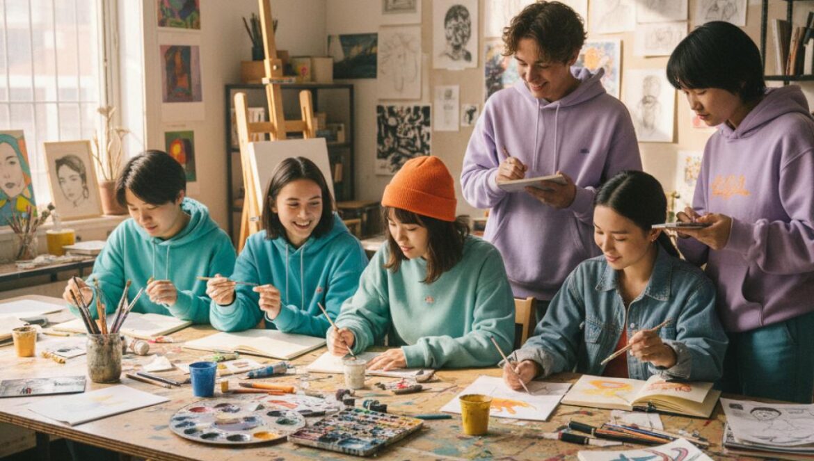 “Spirit Fingers” y su segundo acto: lo que nadie te contó de este drama healing Grupo de adolescentes asiáticos pintando juntos en un aula de arte llena de dibujos coloridos.