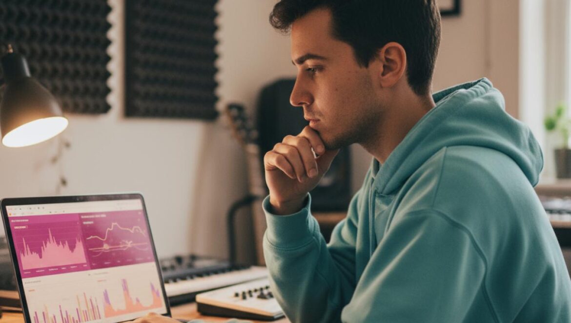 Spotify, bots y 37.000 millones de streams: lo que la demanda que cita a Drake revela de un sistema roto Músico joven revisa gráficos de reproducciones en un portátil dentro de un pequeño estudio casero.