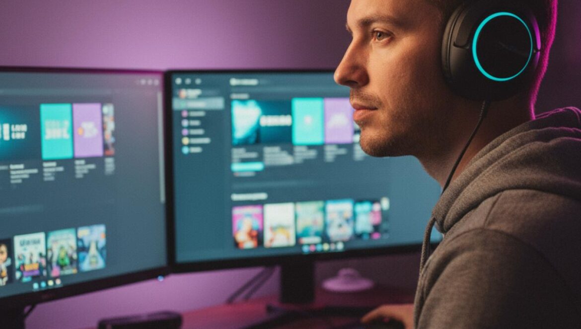Steam ganó por diseño, no por tamaño: la lección que Amazon ignoró y le costó miles de jugadores Jugador de PC con cascos comparando dos tiendas de juegos en dos monitores, luz tenue y LEDs.