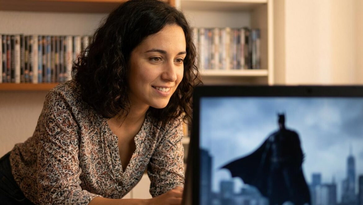 Superman Returns y los 10 millones fantasma: la escena perdida que nos obsesiona Joven periodista ve en su portátil una escena oscura de un superhéroe con capa, rodeada de estanterías de películas.