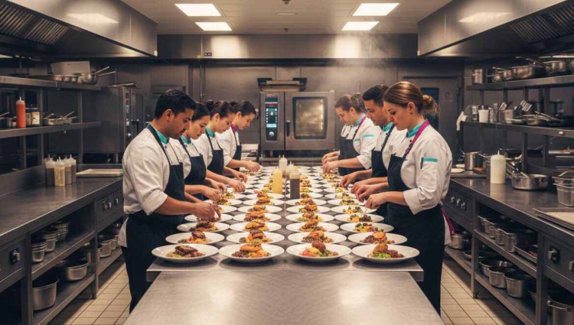 Symphony of the Seas y sus 30.000 comidas diarias: así cocina el crucero más grande del mundo sin tocar tierra Cocina industrial de crucero con varios cocineros preparando bandejas de comida entre superficies de acero.