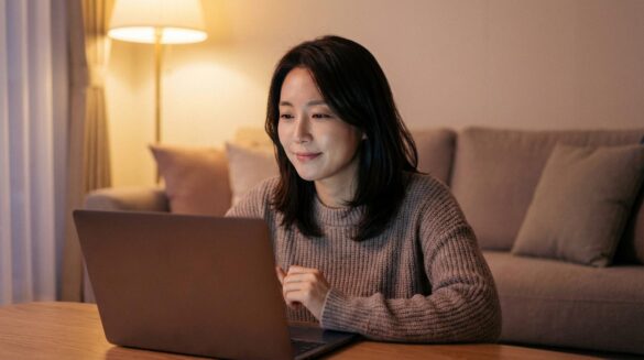 “The Dream Life of Mr. Kim”: el k‑drama que cambió cómo hablamos del fracaso Joven coreana viendo un k‑drama en su portátil, pensativa y sonriendo suavemente en un salón acogedor.