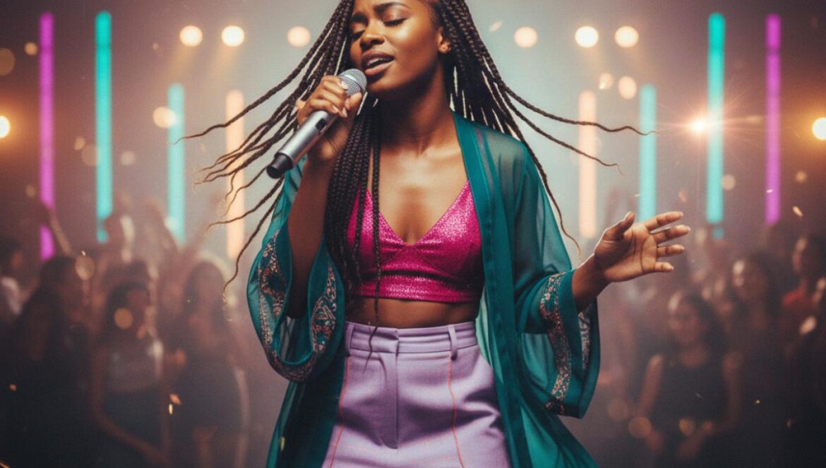 Theodora y el kiffe radical: el pop de la diáspora que está reescribiendo Francia Cantante joven negra en el escenario, micrófono en mano y luces de club de colores detrás mientras el público baila.