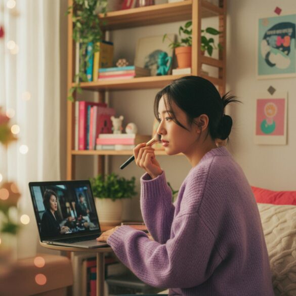 Joven aplicando maquillaje mientras ve un K‑drama en un portátil en su habitación iluminada.