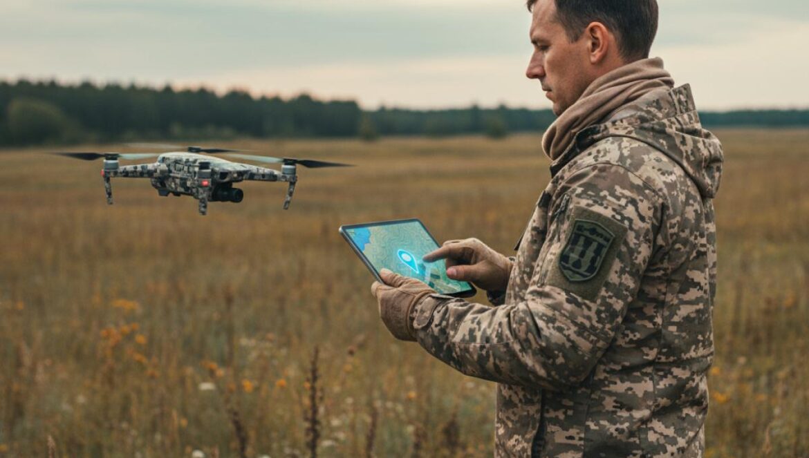 Ucrania: el Army of Drones convierte la guerra en una app con puntos y ‘Uber targeting’ Operador con uniforme camuflado controla un dron con una tablet que muestra un mapa y un pin de ubicación.